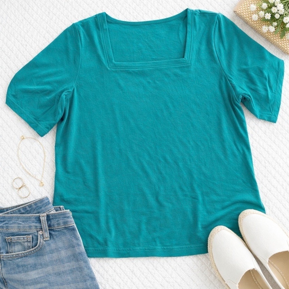 Joan Rivers Wardrobe Builders Wms L Scuba Blue Square Neck Tee Jewel Tone Modest